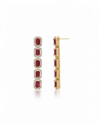 Ruby Emerald Cut Drop Earrings for Women | Statement Red Stone Earrings|18K Gold Plated 2
