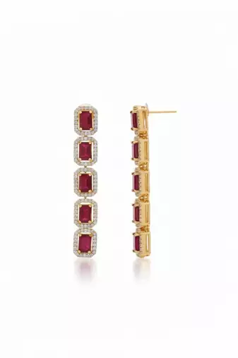 Ruby Emerald Cut Drop Earrings for Women | Statement Red Stone Earrings|18K Gold Plated