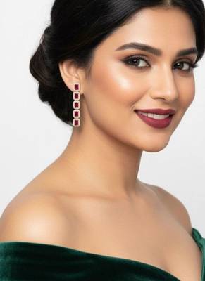Ruby Emerald Cut Drop Earrings for Women | Statement Red Stone Earrings|18K Gold Plated 3