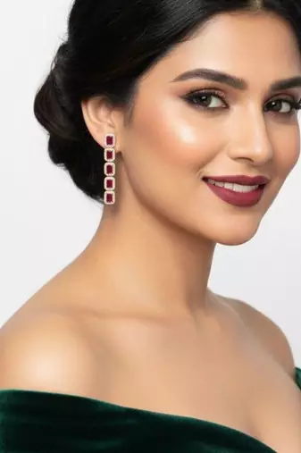 Ruby Emerald Cut Drop Earrings for Women | Statement Red Stone Earrings|18K Gold Plated