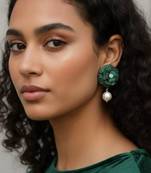 Green Stone Flower Pearl Drop Earrings | Floral Dangler Earrings for Women | 18K Gold Plated Jewellery
