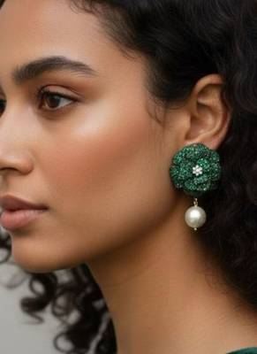 Green Stone Flower Pearl Drop Earrings | Floral Dangler Earrings for Women | 18K Gold Plated Jewellery 2