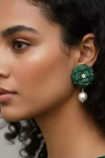 Green Stone Flower Pearl Drop Earrings | Floral Dangler Earrings for Women | 18K Gold Plated Jewellery