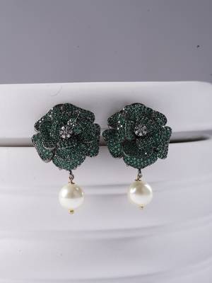Green Stone Flower Pearl Drop Earrings | Floral Dangler Earrings for Women | 18K Gold Plated Jewellery 3