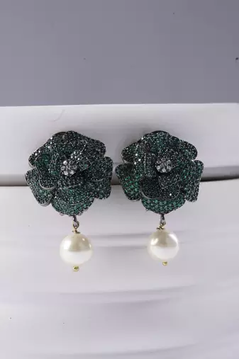 Green Stone Flower Pearl Drop Earrings | Floral Dangler Earrings for Women | 18K Gold Plated Jewellery