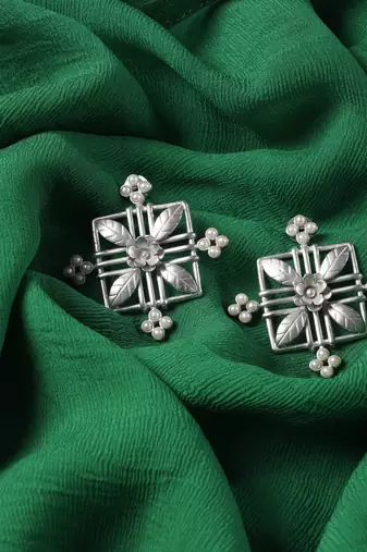 Silver Rectangle Ethnic Bold Statement Studs | Minimal Geometric Party Earrings | Modern Ethnic Wear