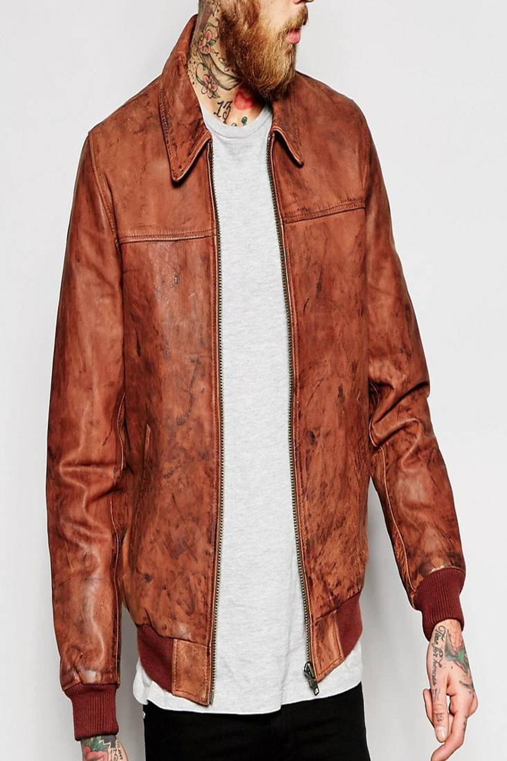 Men's leather jacket biker real lambskin motorcycle rib jacket genuine leather