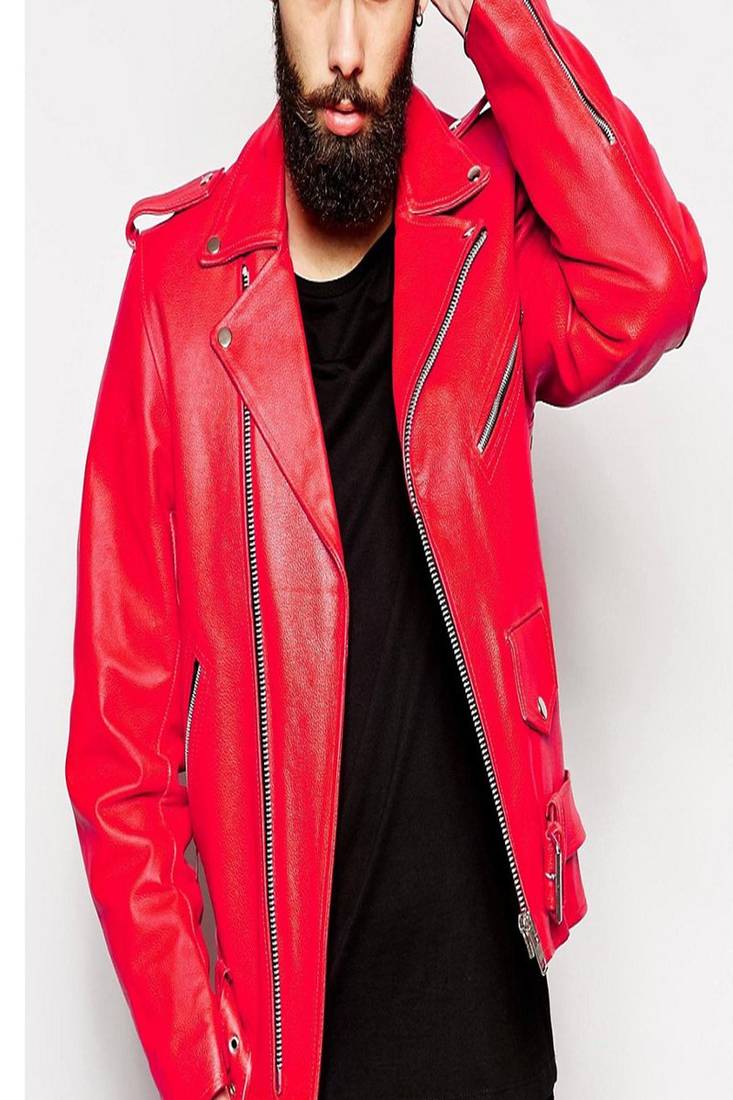 Men's motorcycle leather jacket genuine lambskin leather red biker