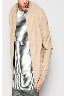 men's beige suede leather bomber jacket ribbed cuffs and waist 1