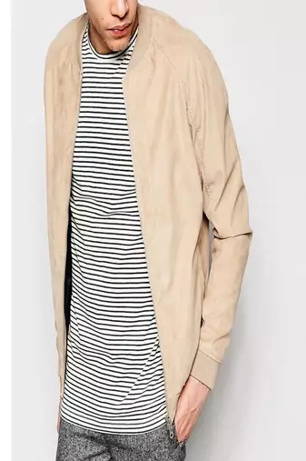 men's beige suede leather bomber jacket ribbed cuffs and waist