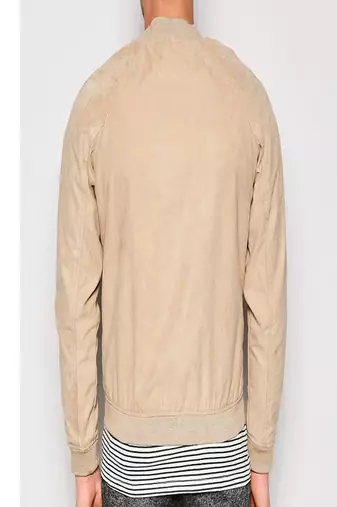 men's beige suede leather bomber jacket ribbed cuffs and waist