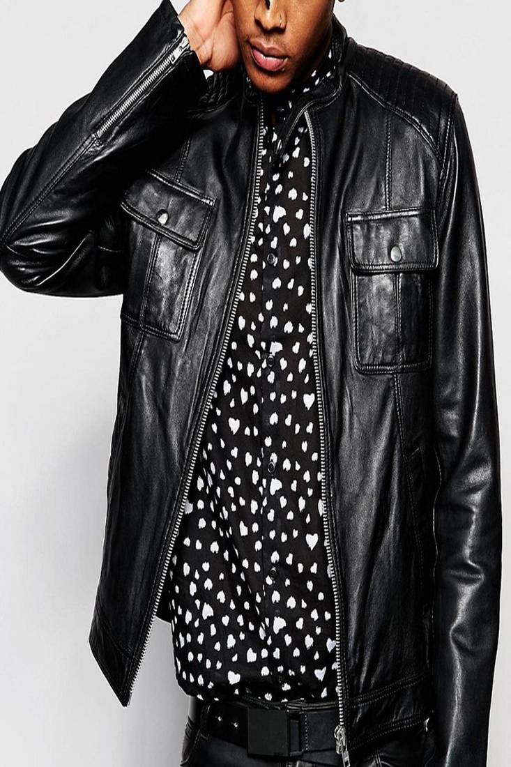 Men's motorcycle leather jacket genuine lambskin black biker leather style jacket