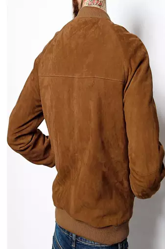 men's gold suede leather bomber jacket ribbed cuffs and waist