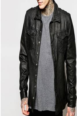 Men's real lambskin leather shirt full sleeves leather snap button black shirt 2