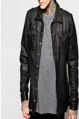 men's black premium lambskin leather shirt long sleeve design