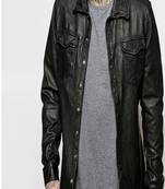 men's black premium lambskin leather shirt long sleeve design