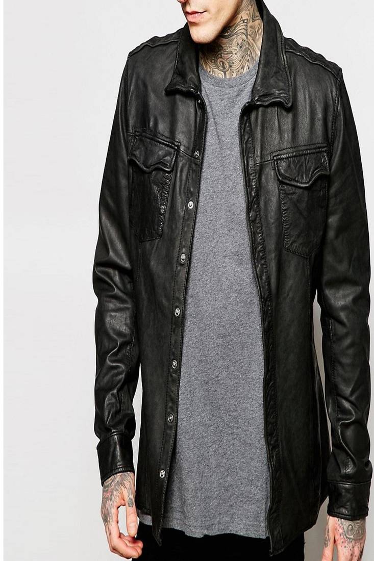 Men's real lambskin leather shirt full sleeves leather snap button black shirt