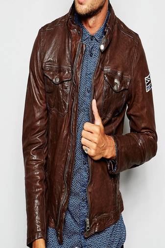 Men's real lambskin leather shirt full sleeves leather snap button brown shirt