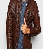 Men's real lambskin leather shirt full sleeves leather snap button brown shirt