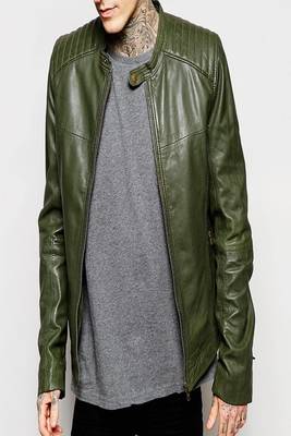 men's genuine lambskin leather biker jacket quilted shoulder detailing 1