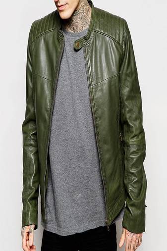 Men's leather jacket biker real lambskin motorcycle quilted shoulder jacket