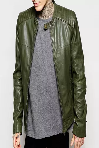 Men's leather jacket biker real lambskin motorcycle quilted shoulder jacket