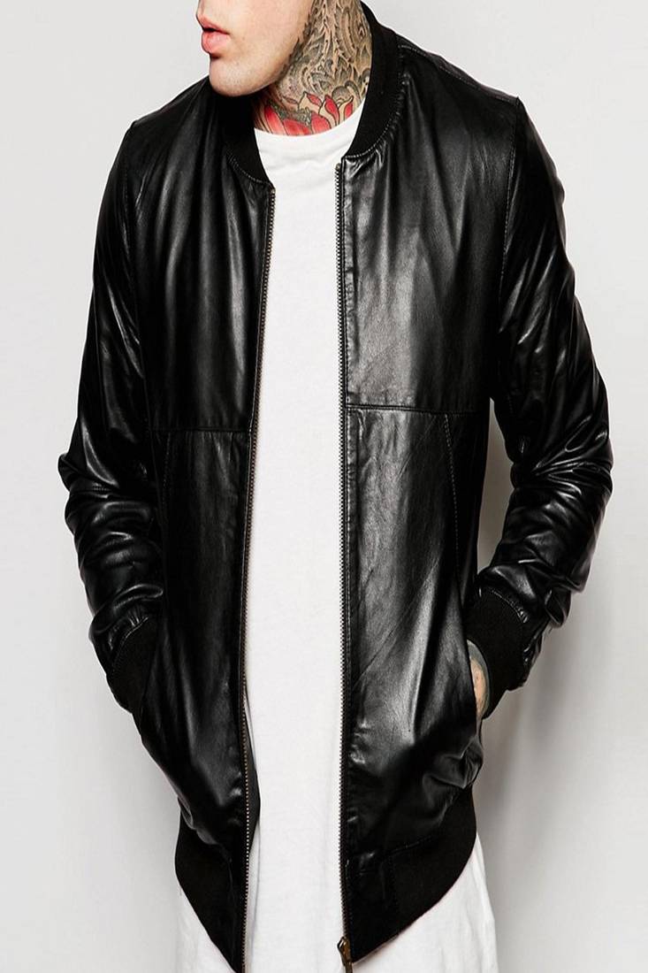 Men's real lambskin leather jacket full sleeves black leather rib jacket
