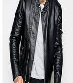 Men's real lambskin leather jacket long sleeves black leather tab collar jacket