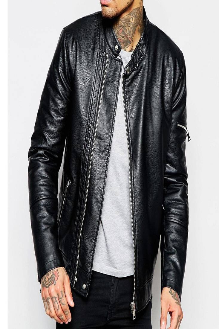 Men's real lambskin leather jacket long sleeves black leather tab collar jacket