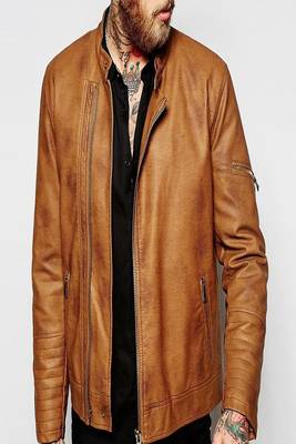 men's brown lambskin leather biker jacket classic moto zip style 1