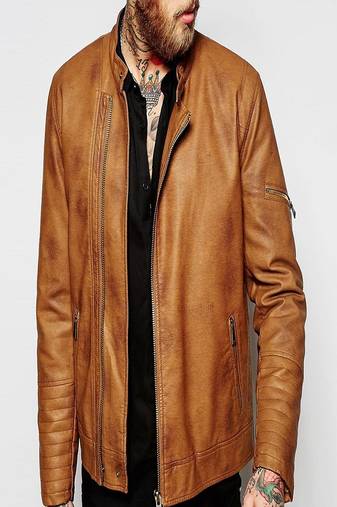 Men's motorcycle leather jacket brown genuine lambskin  leather style jacket