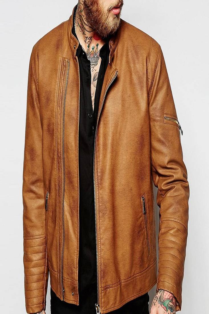 Men's motorcycle leather jacket brown genuine lambskin  leather style jacket