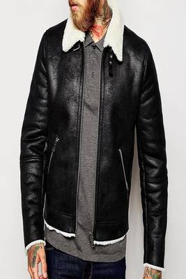 men's black lambskin leather biker jacket luxe fur collar trim 1