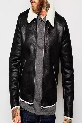 Men's motorcycle leather jacket black genuine lambskin  leather fur collar style jacket