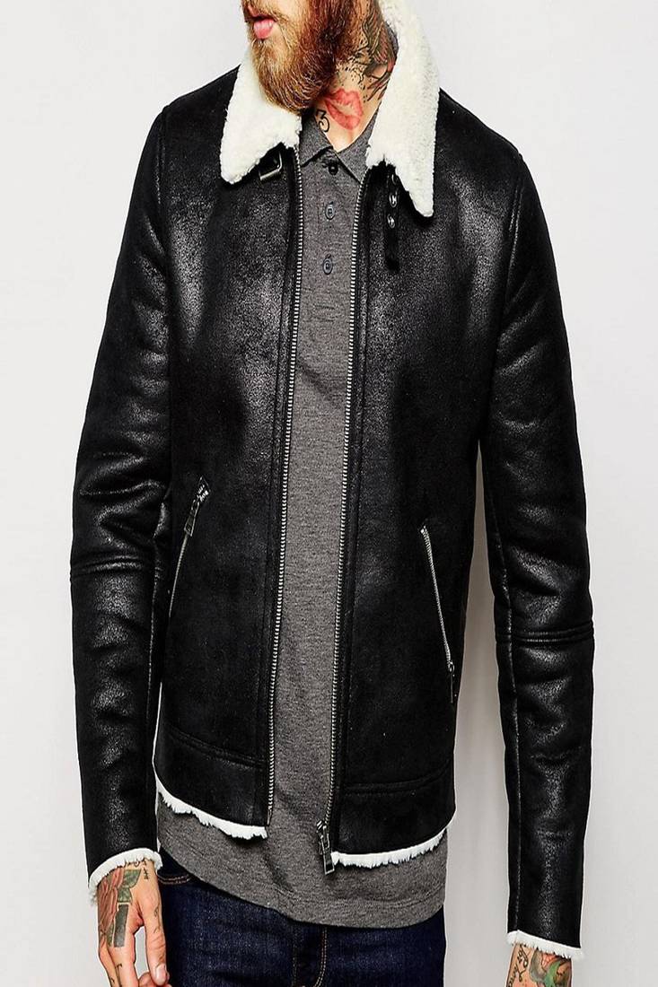 Men's motorcycle leather jacket black genuine lambskin  leather fur collar style jacket