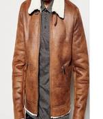 Men's motorcycle leather jacket brown genuine lambskin  leather fur collar style jacket
