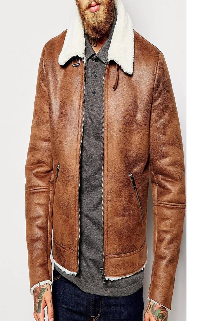 Men's motorcycle leather jacket brown genuine lambskin  leather fur collar style jacket