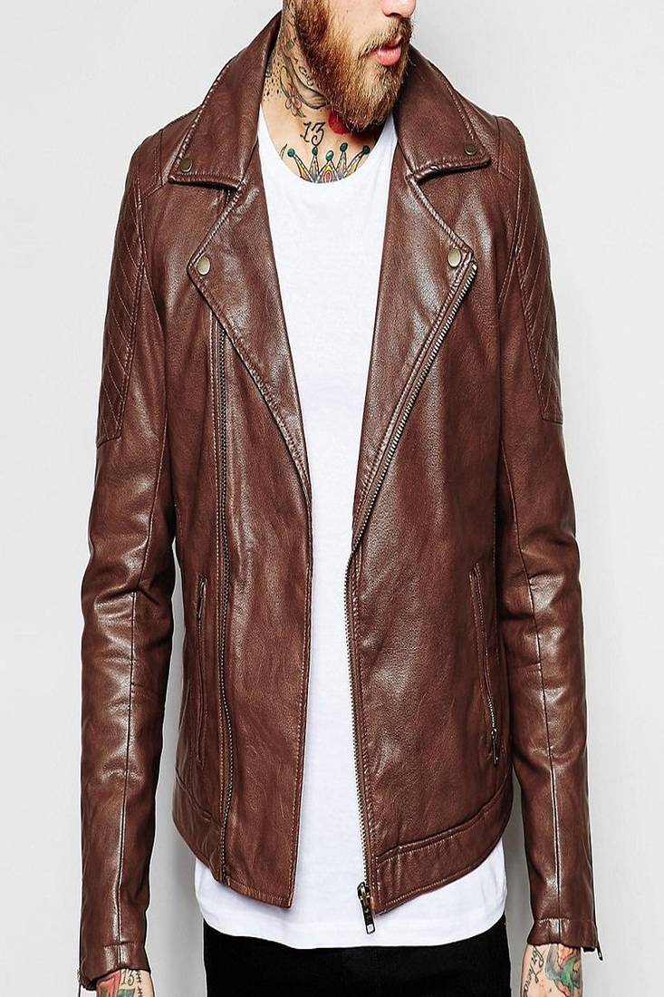 Men's motorcycle leather jacket brown genuine lambskin  leather biker style jacket