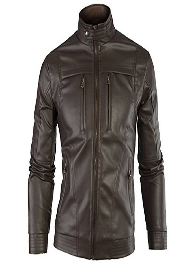 Men's real lambskin leather jacket long sleeves brown leather stand collar jacket