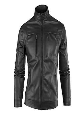 Men's real lambskin leather jacket long sleeves black  leather stand collar jacket
