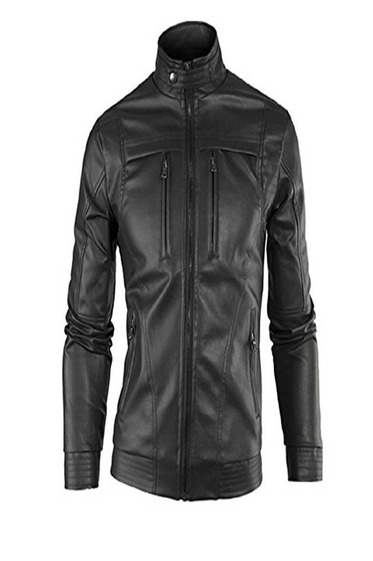 Men's real lambskin leather jacket long sleeves black  leather stand collar jacket