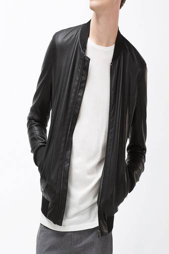 men's black lambskin leather bomber jacket ribbed cuffs and waist