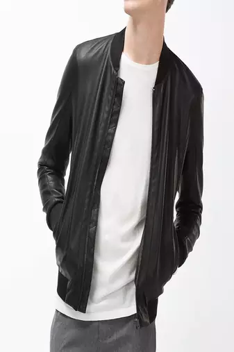 Men's black genuine lambskin leather jacket stylish casual rib bomber jacket-l60