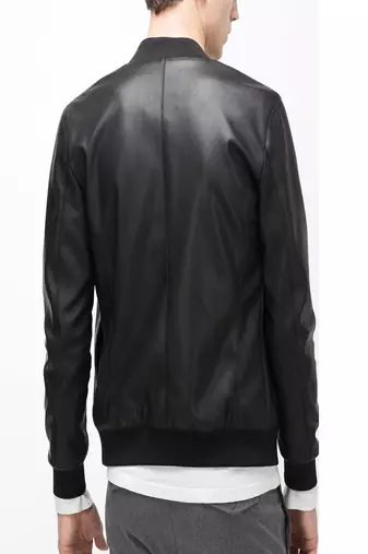 Men's black genuine lambskin leather jacket stylish casual rib bomber jacket-l60