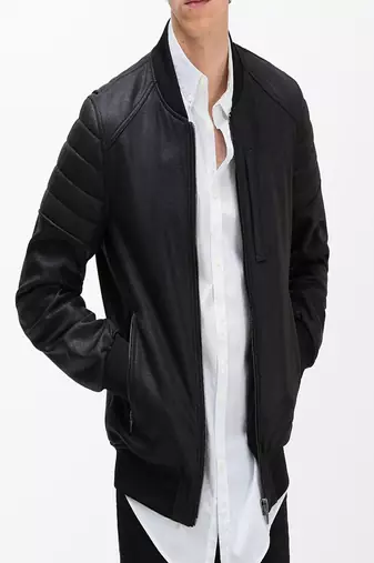 Men's black genuine lambskin leather jacket stylish casual rib leather jacket-l63