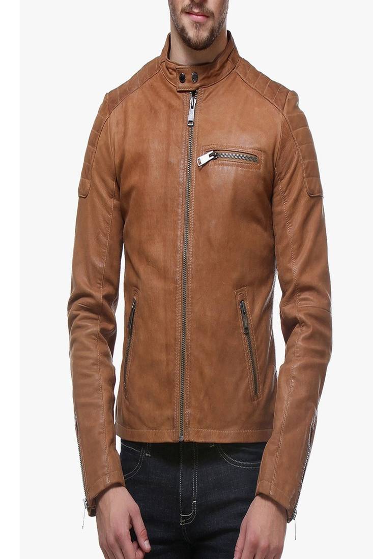 Men's brown genuine lambskin leather jacket modern fashion outfit jacket-l76