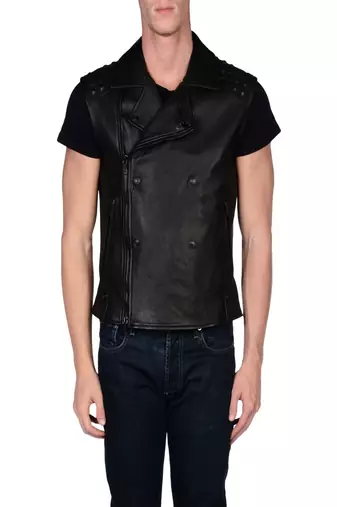 Men's black genuine lambskin leather jacket short sleeve leather jacket vest-l107