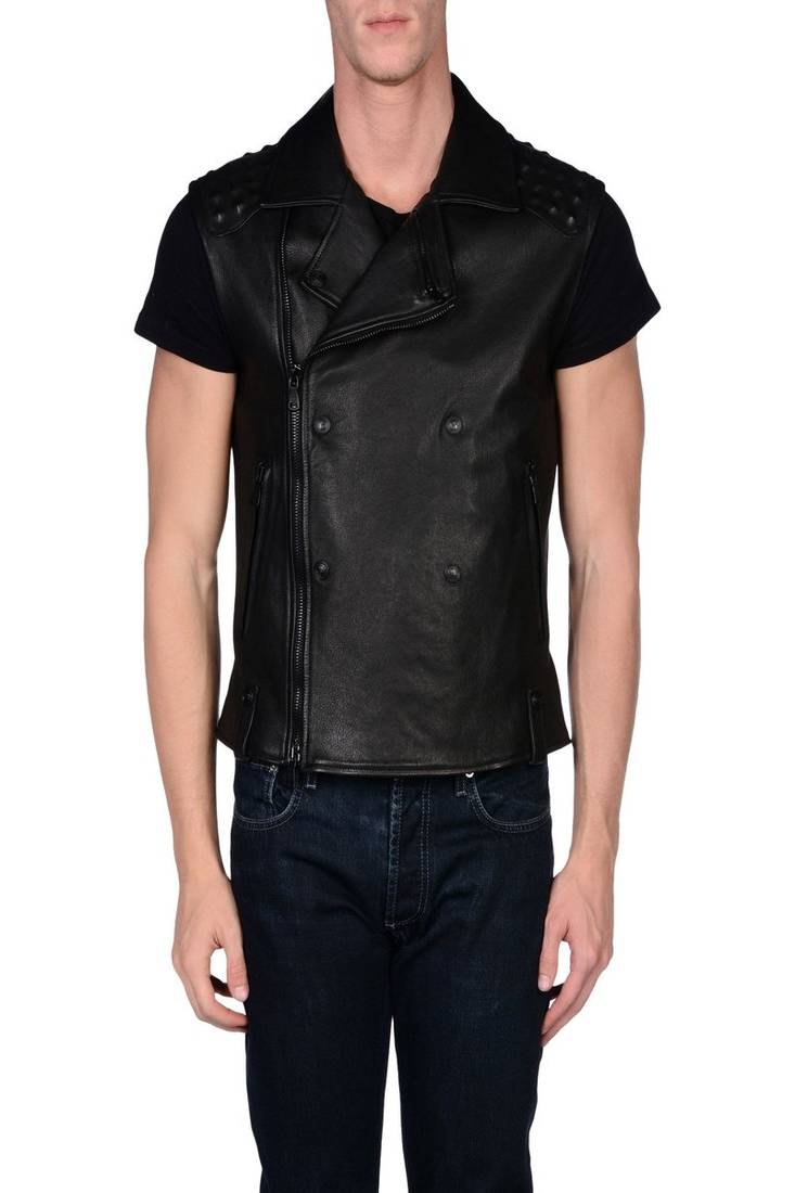 Men's black genuine lambskin leather jacket short sleeve leather jacket vest-l107