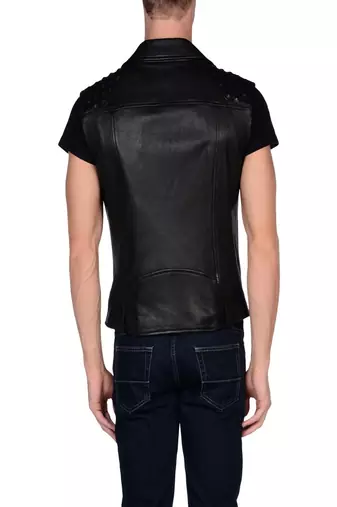 men's black premium lambskin leather vest short sleeve design