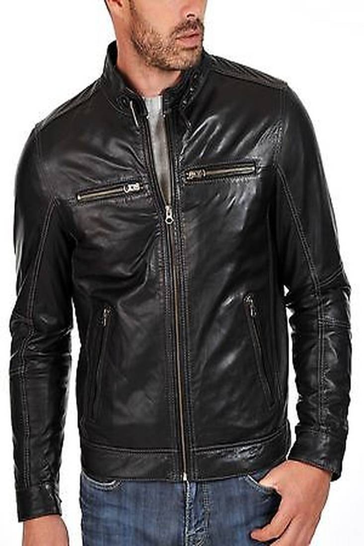 Men's black genuine lambskin leather jacket modern fashion outfit leather jacket-l128